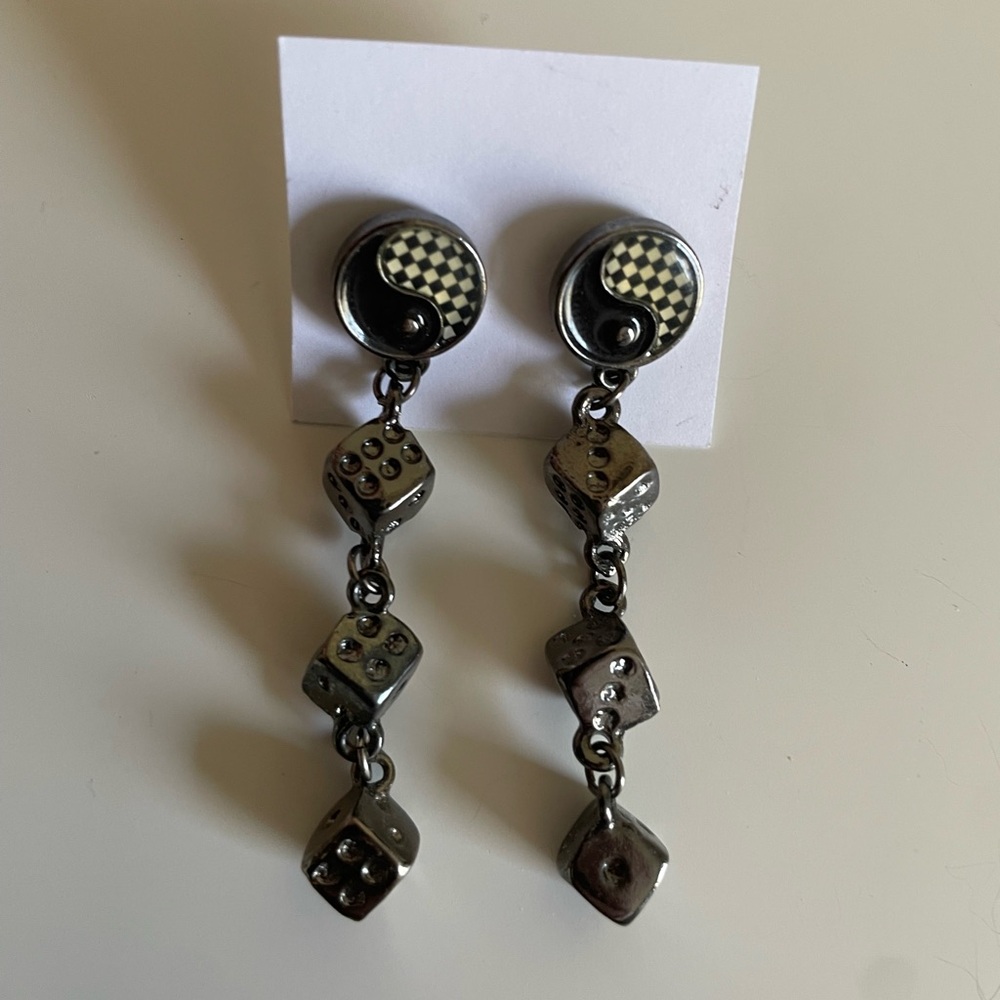 Gunmetal Dice Drop Earrings - Black Checkered Accent
